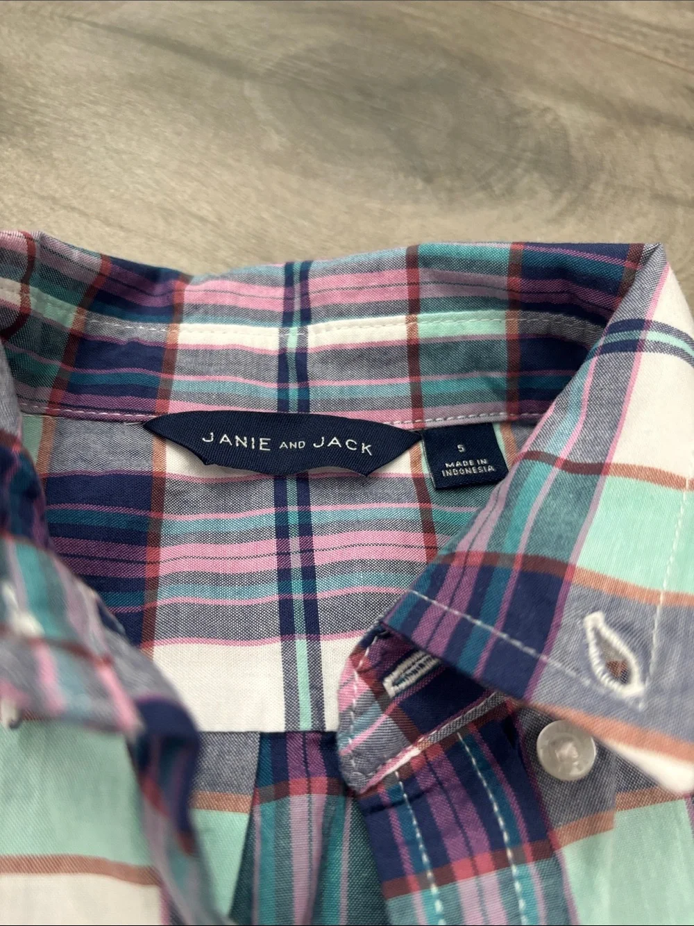 Janie and Jack size 5 Button-Down Plaid boys  Shirt in Teal, Navy & Pink - Picture 2 of 3